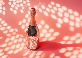 A bottle of champagne with a disco ball pattern on a pink background and a shadow on the wall. Minimal disco party concept.