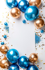 Make someone's day special with this festive happy birthday background, complete with balloons in blue, white, and gold themes. Great for banners, greeting cards, and celebratory backdrops.