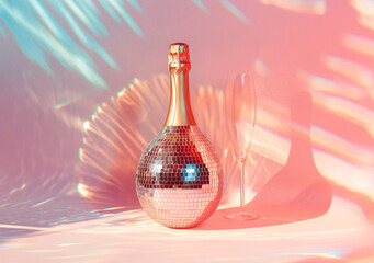 Champagne bottle with disco ball design in colorful lighting. Minimal disco party concept.