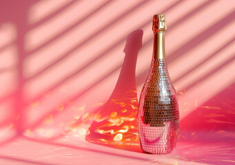 A bottle of champagne with a disco ball pattern on a peach fuzz background and a shadow on the wall. Minimal disco party concept.