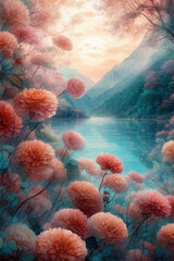 Obraz premium Serene Lake and Blooming Flowers at Sunset