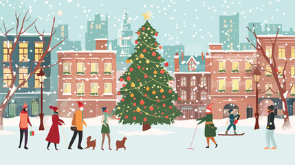 Men and women walking around big Christmas tree on style