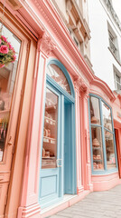 Fototapeta premium A charming bakery storefront with a pastel pink and blue exterior, large windows, and decorative flourishes. A picturesque and delightful setting for a neighborhood favorite.
