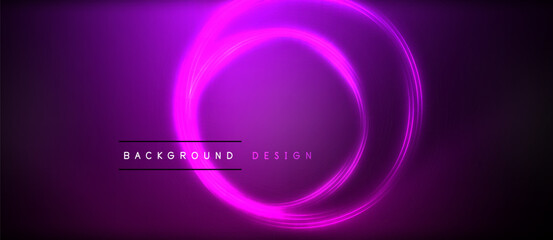 Neon glowing circle rays, light round lines in the dark, planet style neon wave lines. Energetic electric concept design for wallpaper, banner, background