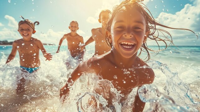 Happy, diverse group of kids, boys and girls, playing in the shallow waters of a tropical beach, laughing and enjoying their summer holiday together