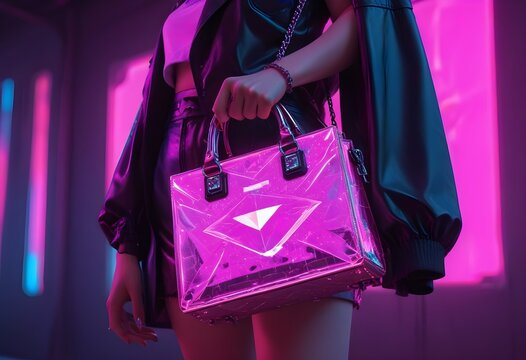 Torebka opalizująca r&oacute;żowa styl holo na r&oacute;żowym świetle w stylu słodkim cyberpunk trzymana przez młodą kobietę