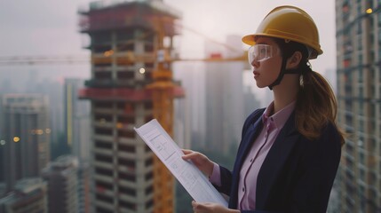Female Engineer Architect holds blueprint Architectural plans Construction Documents in construction site long hair Asian female in yellow safety helmet goggles