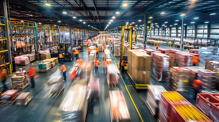 dynamic shot of workers in action, with motion blur capturing the fast paced nature of warehouse work