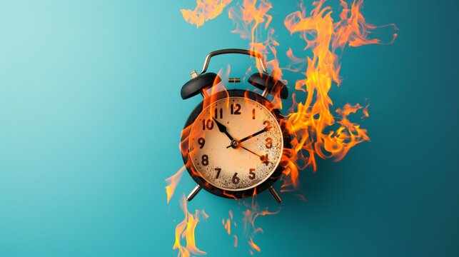 Alarm clock on fire flames ticking running out of time simple gradient background
