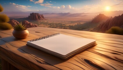 A blank notepad on a wooden office desk with a minimalist background for adding text 