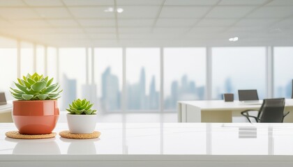  A minimalist modern office desk with a sleek white surface, a small potted succulent, 