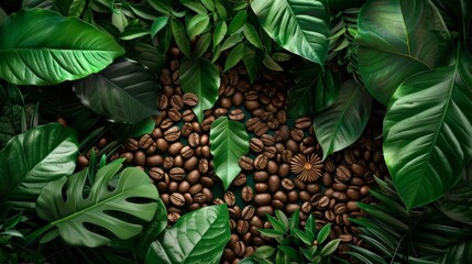 Obraz premium Fresh coffee beans with coffee leaves, decorated as a beautiful picture, beautiful composition Suitable for decorative cutting