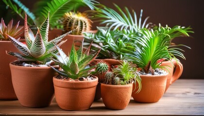 Fototapeta premium An office desk featuring a cluster of vibrant tropical plants like mini palms, ferns, 