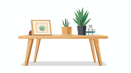 Modern wooden coffee table with potted plant 