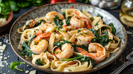 Fettuccini with spinach, enriched with juicy shrimps. This is an Italian combination of taste and...