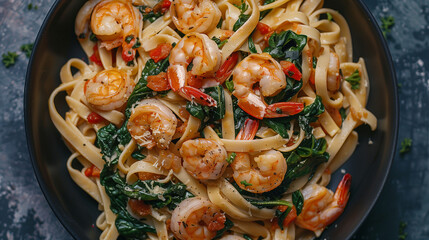 Fettuccini with spinach, enriched with juicy shrimps. This is an Italian combination of taste and...