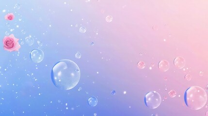 A soothing pastel blue background, with multiple shiny bubbles drifting across, each bubble reflecting a spectrum of soft light, enhancing the tranquil vibe. 