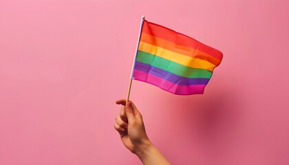 Hand holding rainbow flag 
