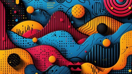 Surreal graphic shapes with vibrant colors, high-definition, incorporating abstract patterns and elements for a small business die cut sticker with ample copy space