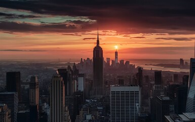 Naklejka premium city skyline at sunset