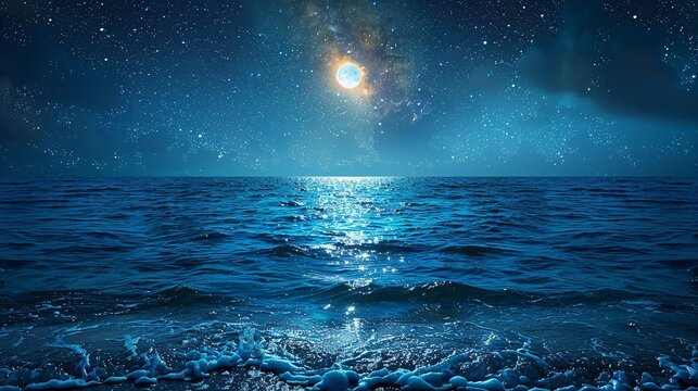 Nature Background, Starry Sky Over a Calm Ocean: A serene ocean scene with gentle waves under a night sky filled with stars, the moonlight reflecting on the water. Illustration image,