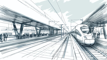 Monochrome sketch with railway station. Black 