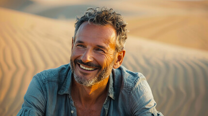 Portrait of a mature man on adventure holidays in desert , the male smiling face show how much he...