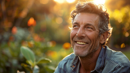 Portrait of a mature man in a botanical garden , the male smiling face show how much he is enjoying this green nature surrounding him - Powered by Adobe