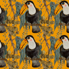 Large Colorful Toucan Birds and Tropical Plant, Seamless Watercolor rainforest Pattern on dark yellow Background 