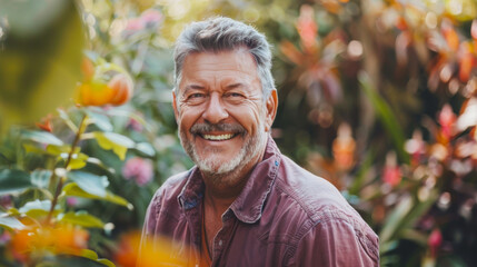 Portrait of a mature man in a botanical garden , the male smiling face show how much he is enjoying this green nature surrounding him