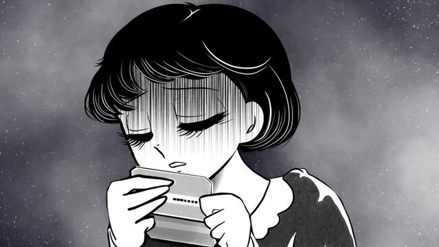 通帳預金残高が給料前でピンチ青ざめる黒髪女性の70年代昭和レトロ少女漫画風イラスト