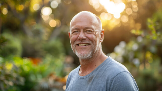 Portrait of a mature man in a botanical garden , the male smiling face show how much he is enjoying this green nature surrounding him
