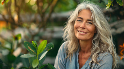 Portrait of a mature woman in a botanical garden , the female smiling face show how much she is enjoying this green nature surrounding her