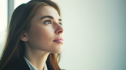 Young woman looking far away thinking ideas worrying wondering long hair Caucasian female in suit copy space