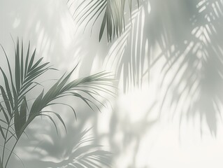 Soft shadows of palm leaves cast on a white wall, creating a serene and tropical atmosphere.