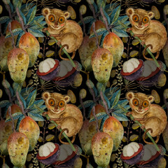 Tropical watercolor seamless pattern with Asian animals and plants on black background. 