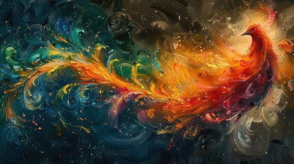 A painting of a phoenix with vibrant feathers, symbolizing powerful renewal. photo