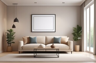 Living room with sofa in shades of beige. On the wall, the art frame is empty, on both sides are pots with green vases and windows. Template for copying