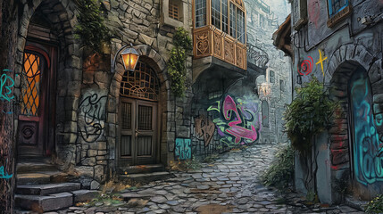 Fototapeta premium Alley With with graffiti