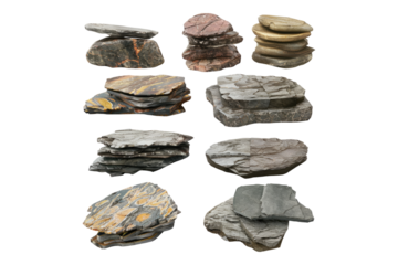 Collection of flat rocks stone podium for isolated on white back ground
