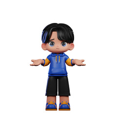 A Cartoon Boy with A Blue Jacket and Black Shorts Doing No Idea Pose