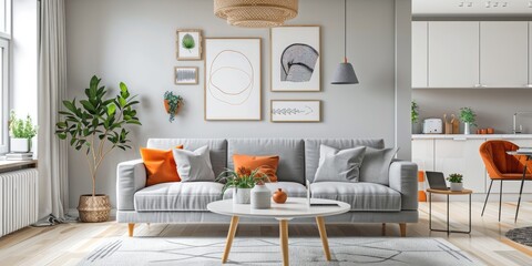 A Scandinavian style living room with light gray walls, wooden furniture, and orange accents for warmth. A grey sofa is placed in the center of the space,