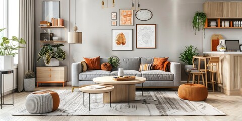 A Scandinavian style living room with light gray walls, wooden furniture, and orange accents for warmth. A grey sofa is placed in the center of the space,