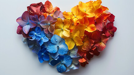 Rainbow color heart made of flowers isolated on white background. This illustration represents concept of love for LGBTQ, pride and bisexsual, Valentines Day, Freedom to Marry Day, gay wedding 