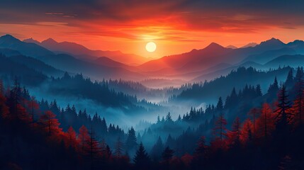 Obraz premium An illustration of a sunrise over a dark valley, symbolizing hope and new beginnings. image
