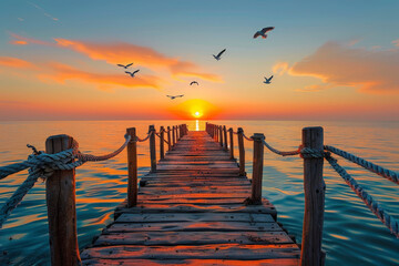 a Wooden pier with rope have seagulls flying over the water and the sunset. ai generative