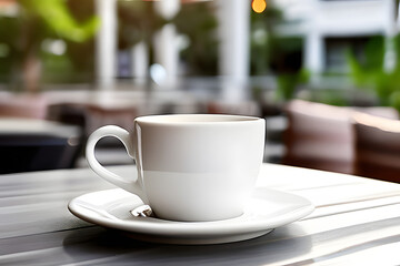 A close-up photo of a steaming cup of coffee on a saucer. The coffee cup is made of ceramic and has a white exterior with a black rim.