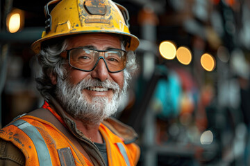 A portrait of an elderly male construction worker smiling. Created with Ai