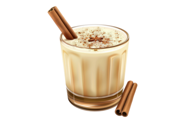 Eggnog with cinnamon stick isolated on white background