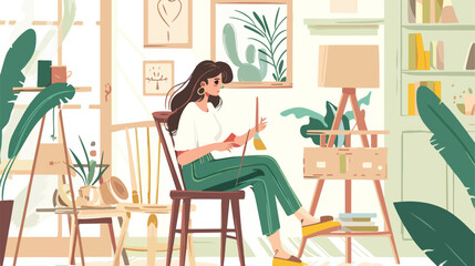 Cute adorable woman painting wooden chair. Female 